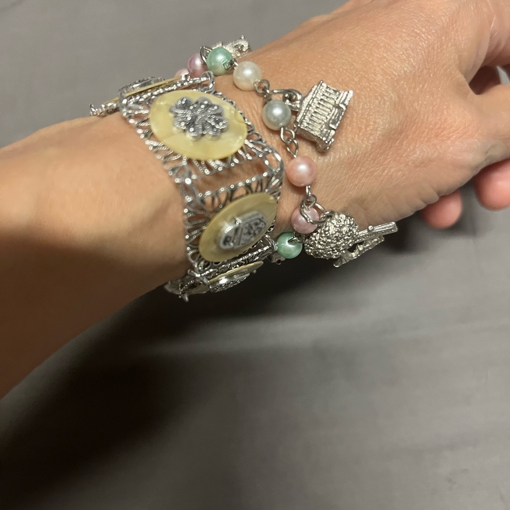 Bundle 2 Vintage Elegant Silver and Cream Charm Bracelets